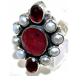 Silver and Ruby, Pearl & Garnet Ring