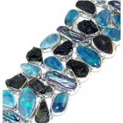 Fire Opal, Moldavite and Biwa Pearl Bracelet