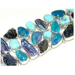 Fire Opal, Larimar, Biwa Pearl and Moldavite Bracelet