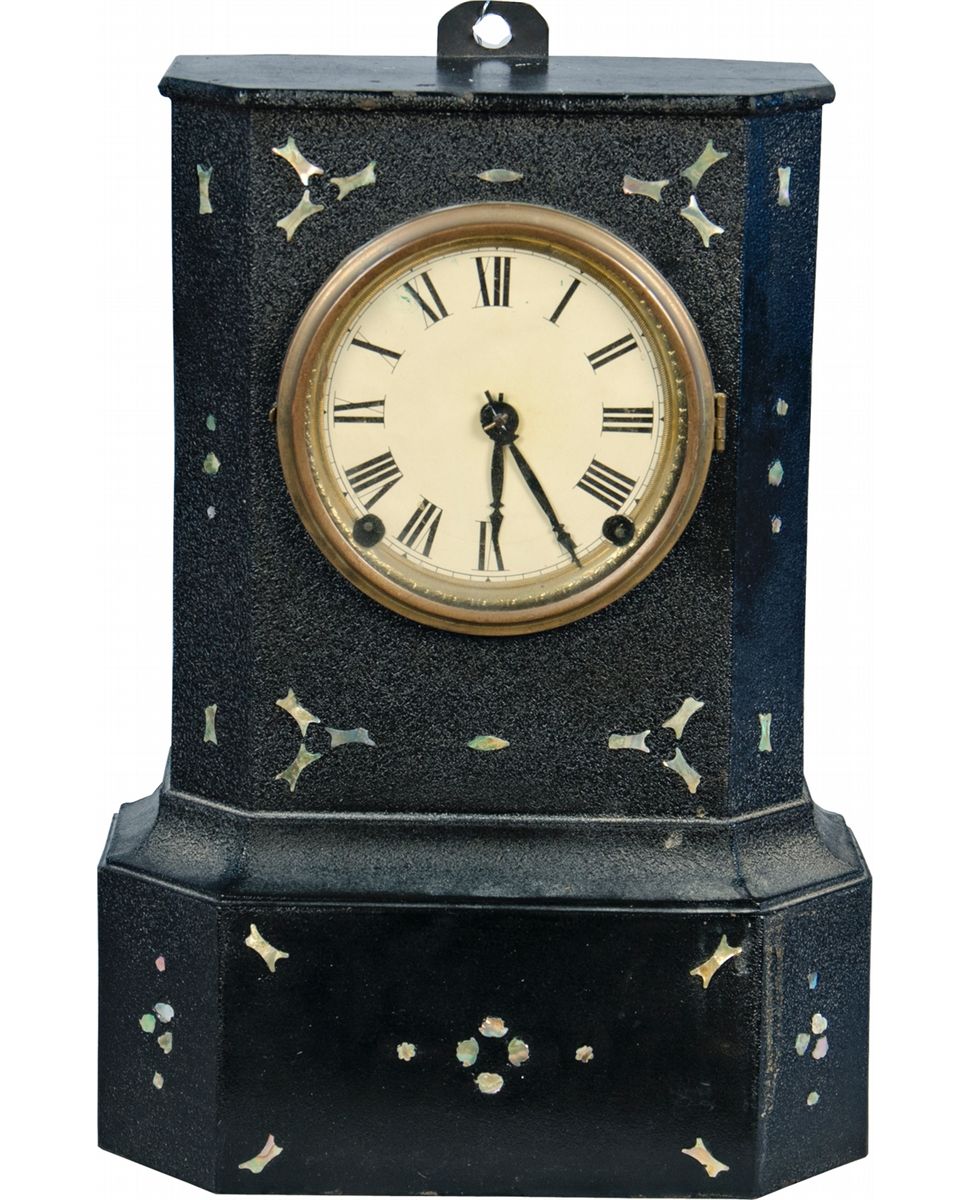 Early Black CastIron And Wood Wall Mount Clock