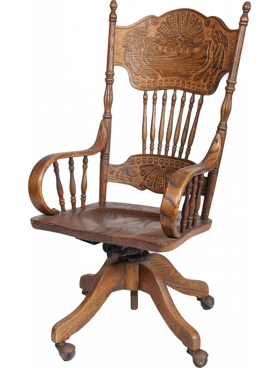 Ornate Carved Wood Desk Chair on Wheels w/ Armrests Fea