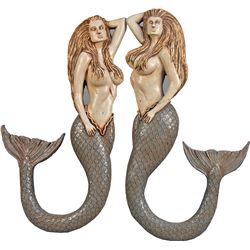 Pair Of 2 Painted Carved Wood Wall Mount Mermaids