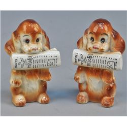 Set Of Painted Ceramic Dog w/ Newspaper Figural Salt