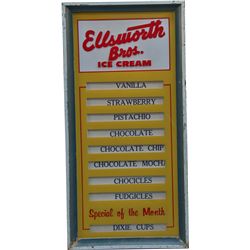Ellsworth Bros. Ice Cream Glass Menu Board Sign in Pain