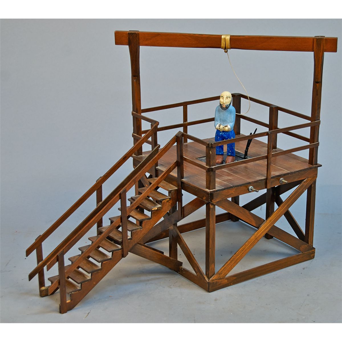 Wooden Tabletop Model of Gallows w/ Hanged Man Figure