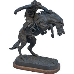 "Wooly Chaps" Horse Bucking Cowboy Figural Bronze Statu