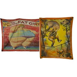 Lot of 2 Very Large Painted Sideshow/Circus Canvas Bann