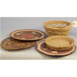 Lot of 5 Indian Hand-Woven Baskets & Bread Boards: