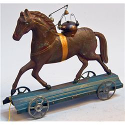 Early Hand-Painted & Stenciled Pressed-Steel Horse w/ B
