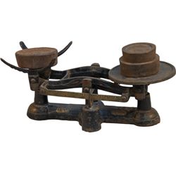 Early Cast-Iron Beam Balance Scale w/ 3 Weights