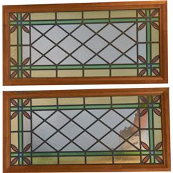 Pair of 2 Stained Leaded Glass Windows in Wooden Frames