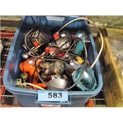 Blue rubbermaid storage bin of assorted tools
