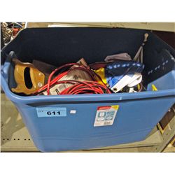 Blue rubbermaid of assorted tools hardware and mic