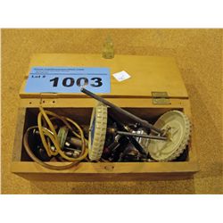 Wooden box of model gas airplane motors and parts