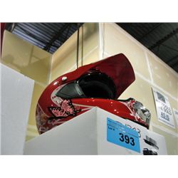 Large red full faced motorcross helmet