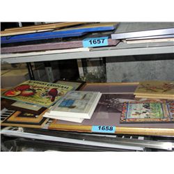 Shelf lot of framed prints and pictures