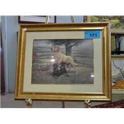 Framed golden lab with 2 black lab pup print