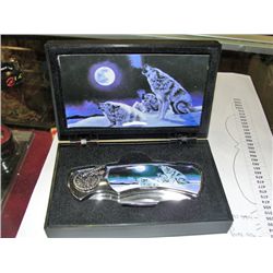 Lockblade collectors jack knife with wolf howling