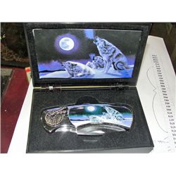 Lockblade collectors jack knife with wolf howling