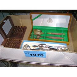 Box of misc items; pickle forks, etc