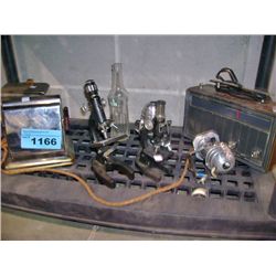 Shelf lot of misc; vintage toaster, microscopes,