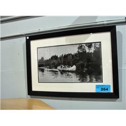 Framed black and white pioneer canoeing print