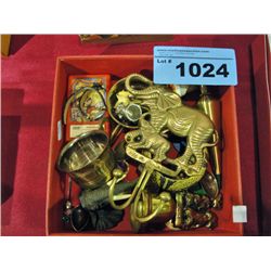Wooden box of assorted collectables; brass,