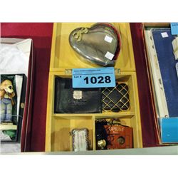 Box of assorted collectable items; perfume bottle