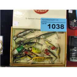 Cigar box full of vintage fishing lures