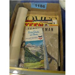 Box of assorted vintage road maps, magazines,