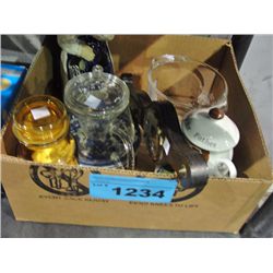 Box of assorted glass jars, ceramics, etc