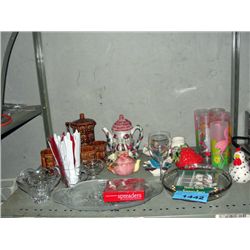 Shelf lot of glasswares, collectables, etc