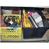 Image 1 : Yellow milk crate and black bin of tools hardware