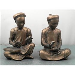 2 Japanese Scribes Monks Metal Sculptures Figures