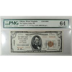 1929 $5 National Tygarts Valley NB Elkins WV RARE hi GRADE PMG64 est $900-$950