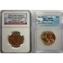 2007 Adams $ no edge ltr NGC64 and 07 ADAMS $ Dbl edge ltrs ICG66  est  $90-$95