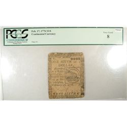 Feb 17 1776 $1/6 Continental Currency  PCGS08  est $250-$270