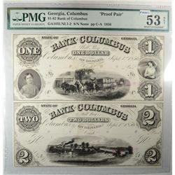 1856 PROOF PAIR  $1 and $2 COLUMBUS GA  RARE  PMG53.  est  $700-$800
