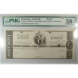 1833-65 PROOF POST NOTE UNION BANK TN  RARE  PMG58.  est  $400-$450