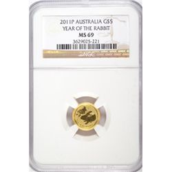 2011P Australia $5 YEAR RABBIT 1/20 oz.gold NGC69  est  $100-$110
