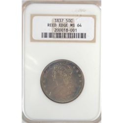 1837 REEDED EDGE BUST HALF DOLLAR NGC MS64 BEAUTIFUL BLUES, GOLD, SUPER LUSTRE