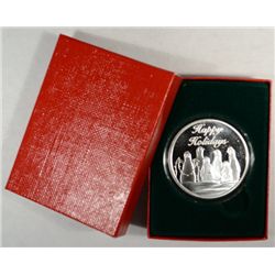 " HAPPY HOLIDAYS " ONE OUNCE .999 SILVER ART ROUND WITH CAPSULE/GIFT BOX
