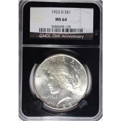 1923D Peace $  NGC64  NGC 25th anniv black  holder   est $180-$190