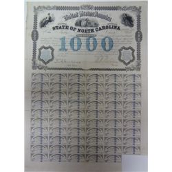 State of North Carolina $1000 bond Wilmington-Charlotte-Rutherford Railroad