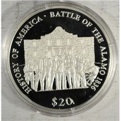 2000 PROOF BATTLE OF ALAMO $20 LIBERIA, SILVER COIN