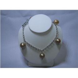 HEART-KEYLOCK CHAMPAGNE PEARL CHARM BRACELET; AUTHENTIC