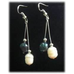 DOUBLE TEARDROP BLACK AND WHITE PEARL DANGLING EARRINGS