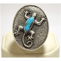 Navajo Turquoise Sterling Silver Lizard Tufacast Men's Ring - Philander B. Begay