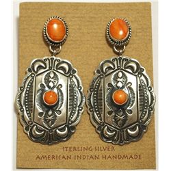 Old Pawn Navajo Orange Spiny Oyster Sterling Silver Post Earrings