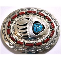 Navajo Coral & Turquoise Sterling Silver Bear Paw Buckle - Wilbert Muskett, Sr.